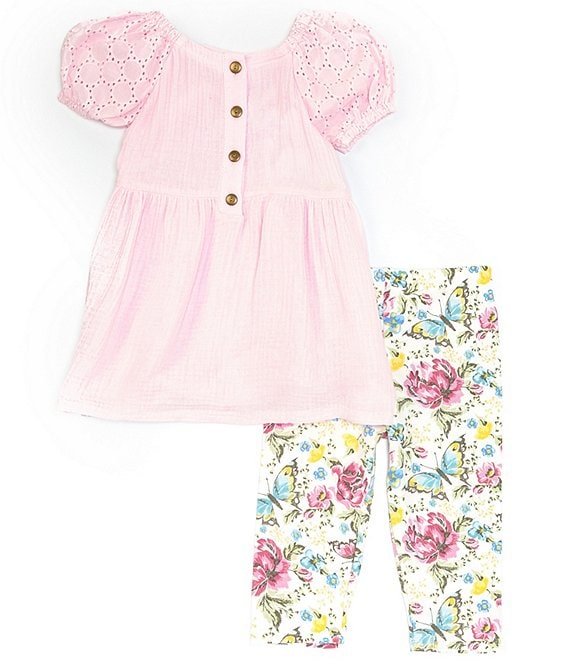 Bonnie Jean Little Girls 2T-6X Eyelet-Sleeve Tunic Top & Floral-Printed Capri Leggings Set