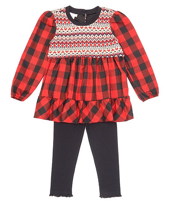 Color:Red - Image 1 - Little Girls 2T-6X Fair Isle Vest, Long-Sleeve Buffalo-Check Fit-And-Flare Dress & Leggings Set