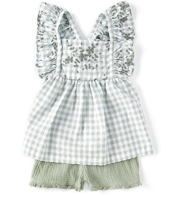Color:Sage - Image 1 - Little Girls 2T-6X Flutter-Sleeve Embroidered Checked Top & Solid Gauze Ruffled Shorts Set