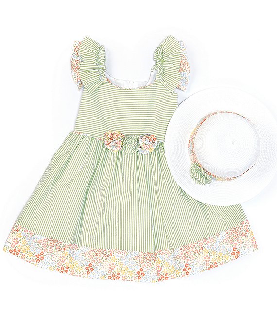 Color:Green - Image 1 - Little Girls 2T-6X Flutter-Sleeve Mixed-Print Fit-And-Flare Seersucker Dress And Hat Set