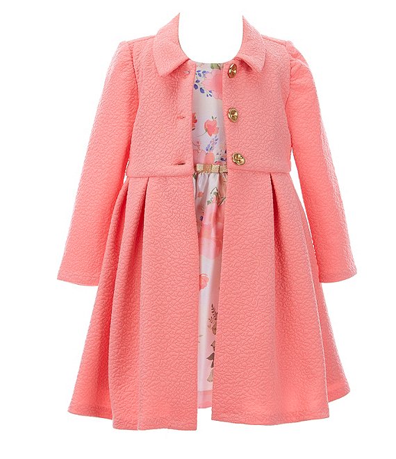 Color:Coral - Image 1 - Little Girls 2T-6X Long-Sleeve Textured-Knit Coat & Sleeveless Floral Shantung Fit-And-Flare Dress Set