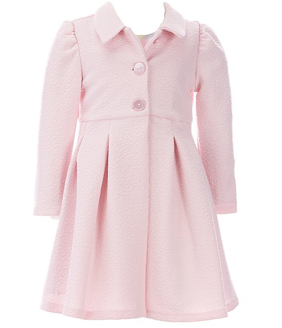 Color:Pink - Image 1 - Little Girls 2T-6X Long-Sleeve Textured-Knit Coat & Sleeveless Plaid Shantung Fit-And-Flare Dress