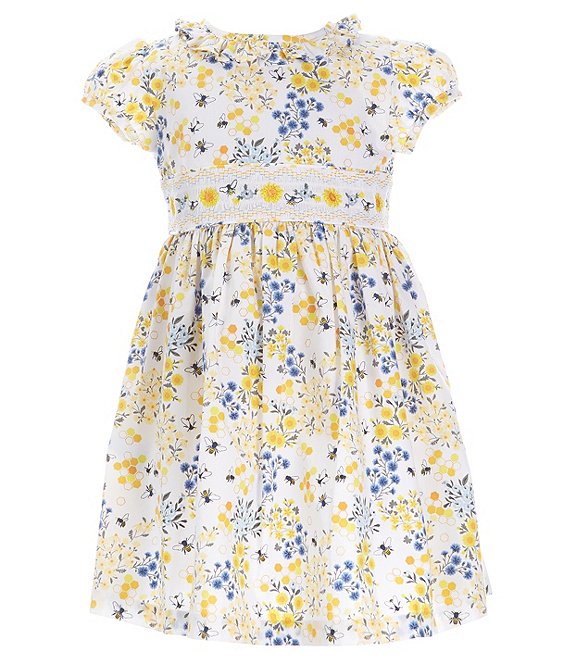 Color:Yellow - Image 1 - Little Girls 2T-6X Short-Sleeve Daisy/Bee Printed Fit-And-Flare Dress