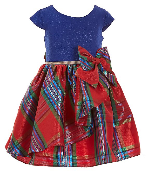 Bonnie Jean Little Girls 2T-6X Short-Sleeve Sparkle-Knit/Plaid Taffeta Skirted Fit-And-Flare Dress