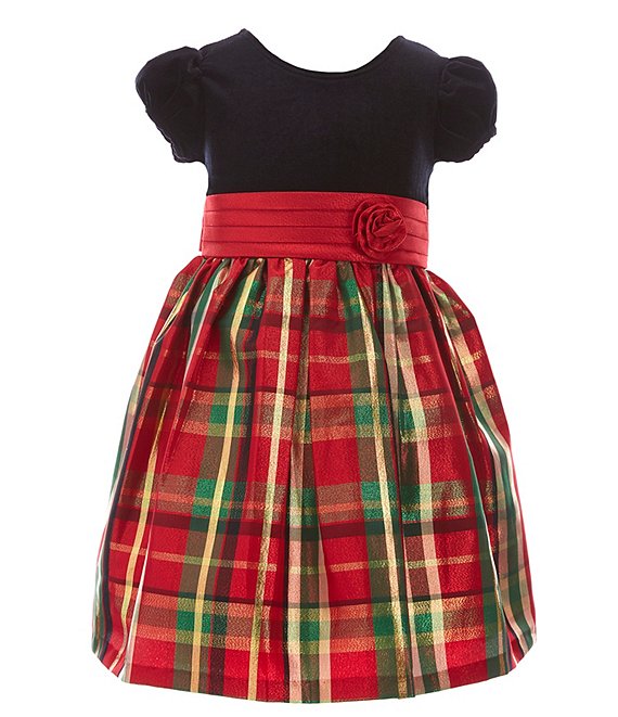 Color:Red - Image 1 - Little Girls 2T-6X Short-Sleeve Stretch Velvet/Plaid Taffeta Fit-And-Flare Dress