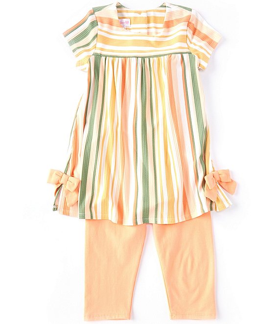 Color:Peach - Image 1 - Little Girls 2T-6X Short Sleeve Stripe Top & Capri Legging 2-Piece Set