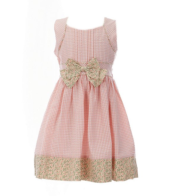 Color:Coral - Image 1 - Little Girls 2T-6X Sleeveless Border-Hem Fit-And Flare Dress And Straw Bag Set