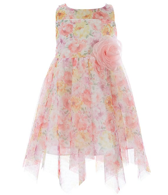 Color:Pink - Image 1 - Little Girls 2T-6X Illusion Floral-Mesh Handkerchief-Hem Dress