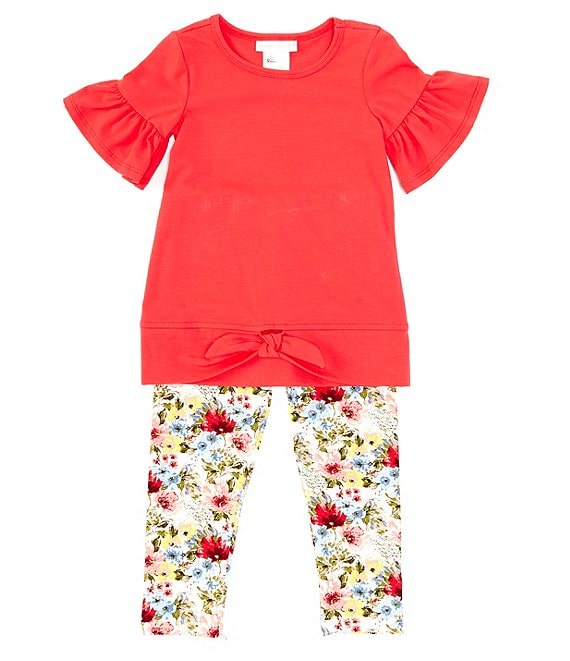 Color:Coral - Image 1 - Little Girls 2T-6X Solid Bell-Sleeve Tie-Hem Top & Floral Printed Legging 2-Piece Set