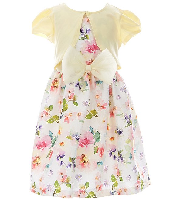 Color:Yellow - Image 1 - Little Girls 2T-6X Solid Short-Sleeve Cardigan & Sleeveless Watercolor-Floral Jacquard Fit-And-Flare Dress