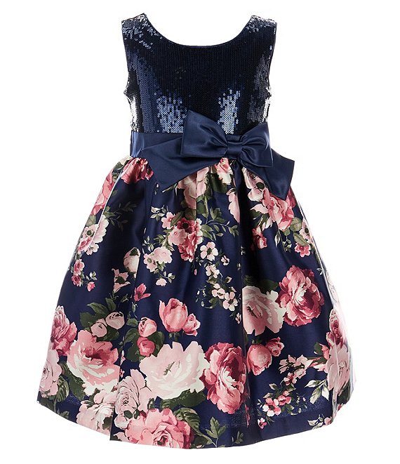 Color:Navy - Image 1 - Little Girls 4-6X Sleeveless Sequin to Floral Mikado Fit-and-Flare Dress