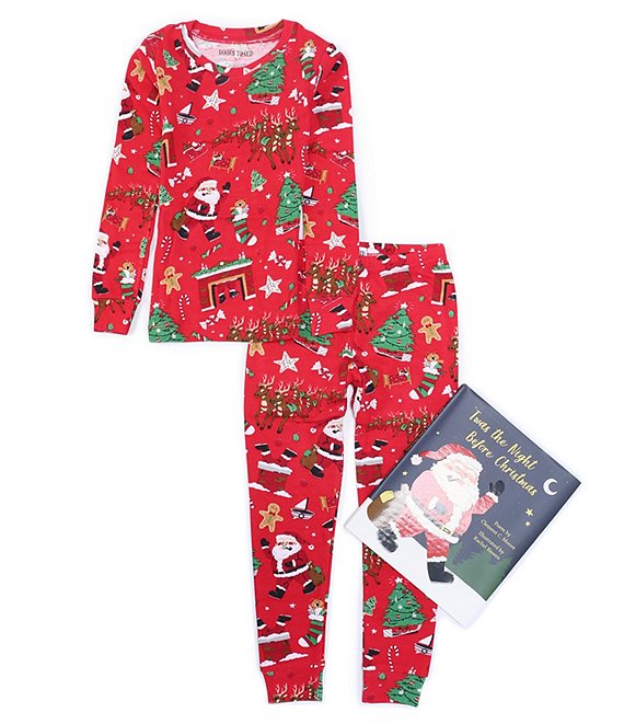 Color:Red - Image 1 - Kids 2-10 Twas The Night Before Christmas Two-Piece Pajamas & Book Set