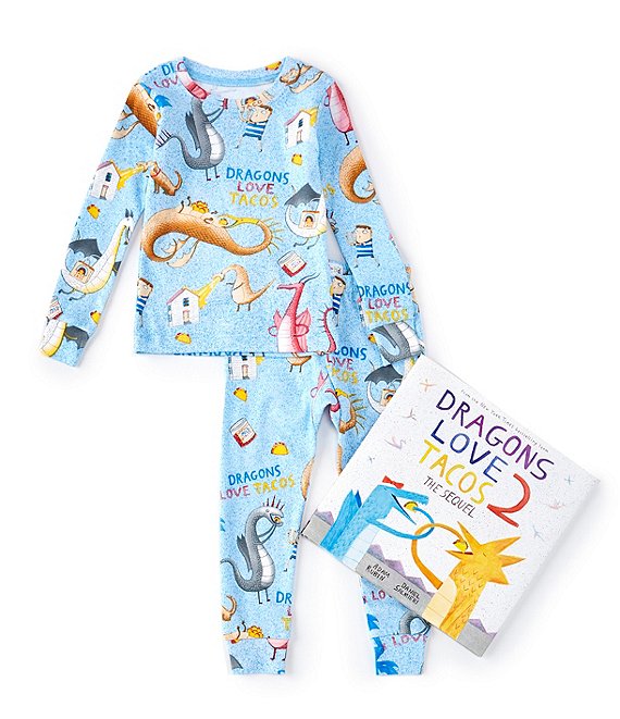 Color:Blue Multi - Image 1 - Little/Big Boys 2-10 Dragons Love Tacos 2-Piece Pajamas & Book Set