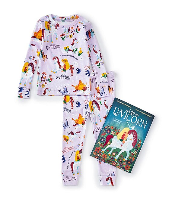 Color:Purple - Image 1 - Little/Big Girls 2-10 Uni The Unicorn Two-Piece Pajamas & Book Set