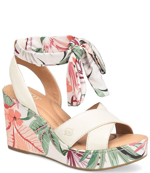 Floral Graphic Ankle Strap Wedge Sandals