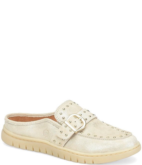 Born Alora Metallic Leather Studded Buckle Strap Loafer Mules