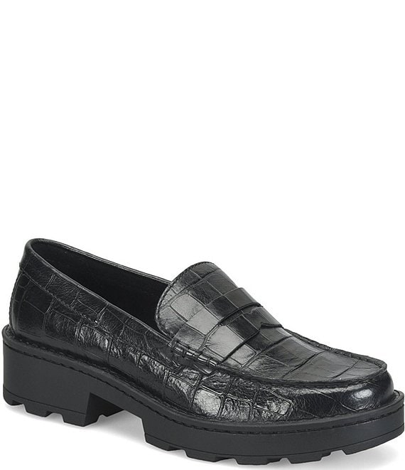 Born Carrera Crocodile Embossed Leather Lug Sole Platform Penny Loafers