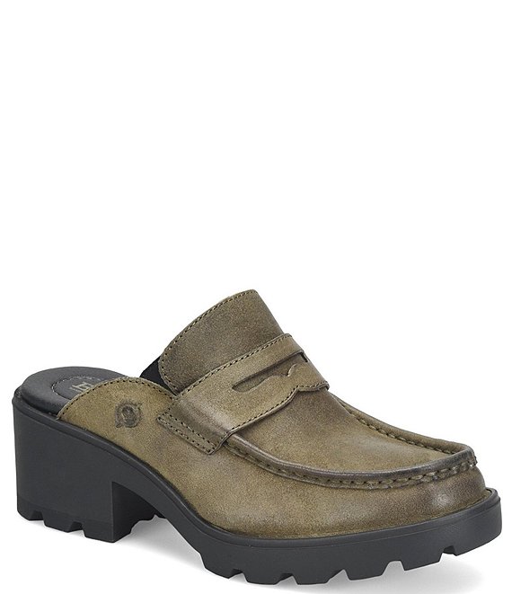 Color:Army Green - Image 1 - Gala Distressed Suede Penny Loafer Platform Mules