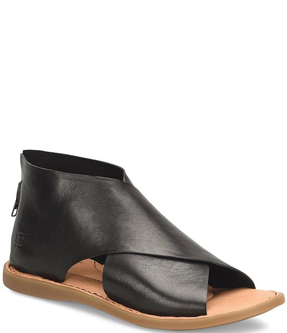 Born Iwa Leather Back Zip Flat Sandals