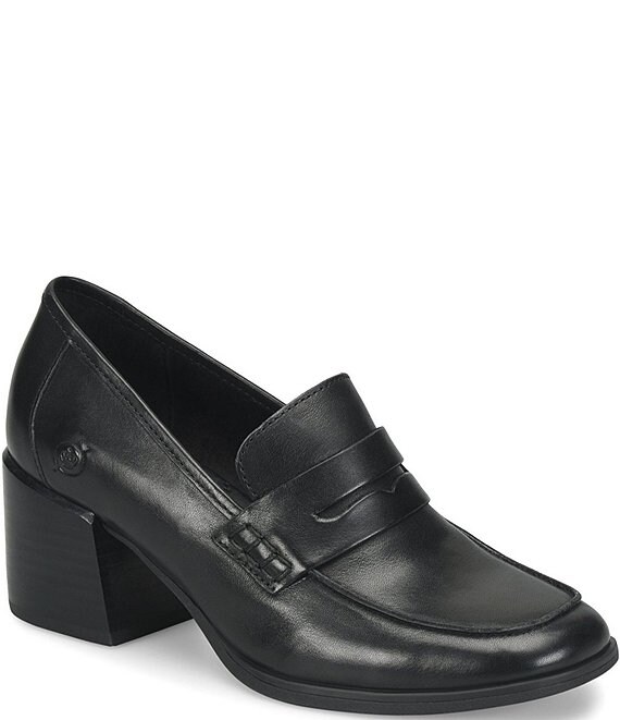 Born Lora Leather Block Heel Penny Loafer Pumps