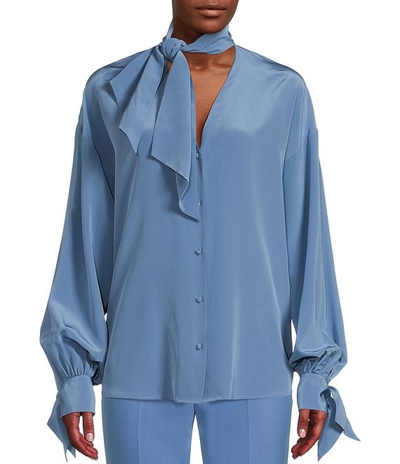 Color:Blue - Image 1 - BOSS by Hugo Boss Biscarfa Silk Removeable Bow Tie Collar V Neckline Long Sleeve Blouse