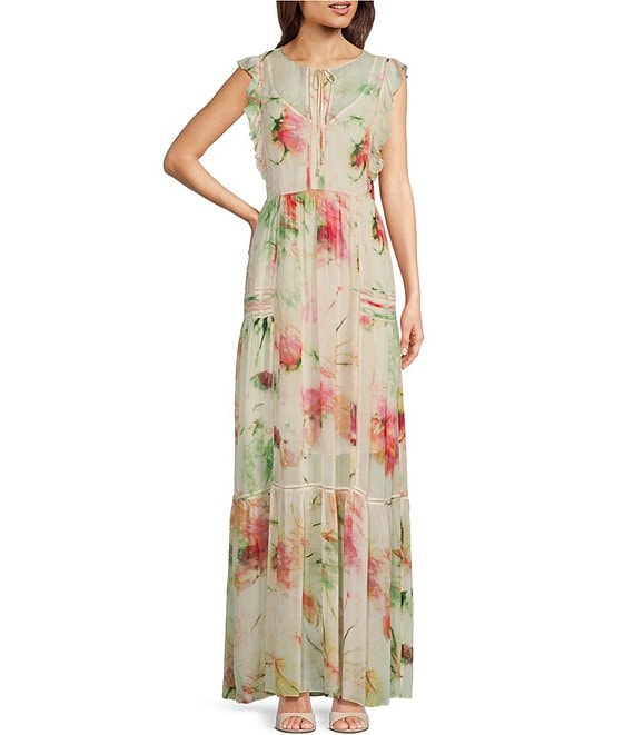 BOSS by Hugo Boss Dacrina Floral Print Drawstring Tie Round Neck Cap Sleeve  A-Line Maxi Dress | Dillard's