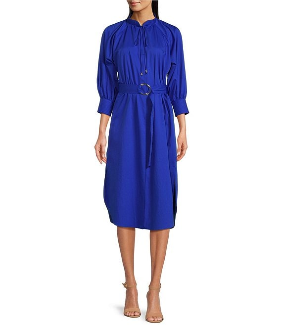BOSS by Hugo Boss Dipete Cotton Banded Collar Tie Neck 3/4 Balloon Sleeve Belted Midi Shirt Dress
