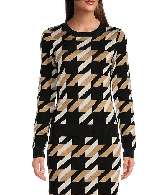 Color:Iconic Hound - Image 1 - BOSS by Hugo Boss Furkina Houndstooth Knit Jacquard Crew Neck Long Sleeve Coordinating Cropped Top