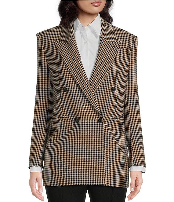 Color:Iconic Camel Houndstooh - Image 1 - BOSS by Hugo Boss Jekira Stretch Woven Houndstooth Pattern Double-Breasted Pocketed Relaxed Fit Blazer