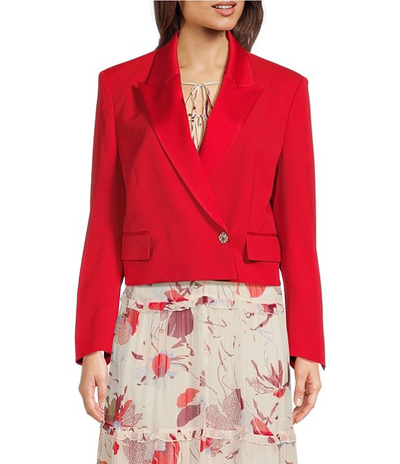 Color:Red - Image 1 - BOSS by Hugo Boss Joleara Twill Peak Lapel Collar Long Sleeve Coordinating Cropped Statement Blazer