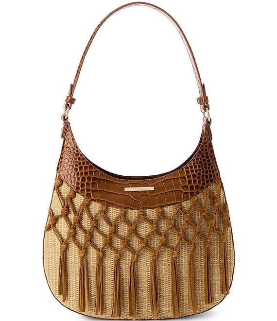 BRAHMIN Saddle Venture Collection Fallon Raffia and Suede Shoulder Bag