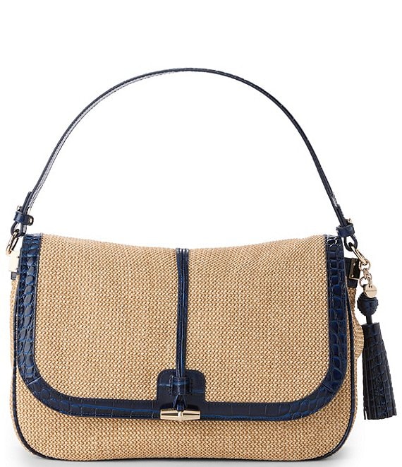 BRAHMIN Windswept Collection Navy Jolene Raffia Shoulder Bag