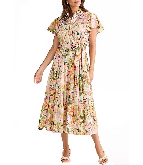 Brave + True Alice Collared Short Sleeve Tie Waist Button Front Midi Dress