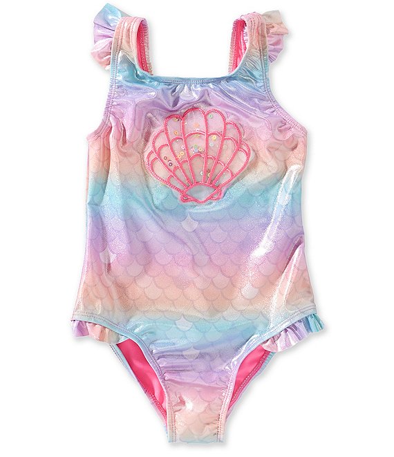 Breaking Waves Little Girls Foiled Ombre/Sequined-Shell-Applique One-Piece Swimsuit