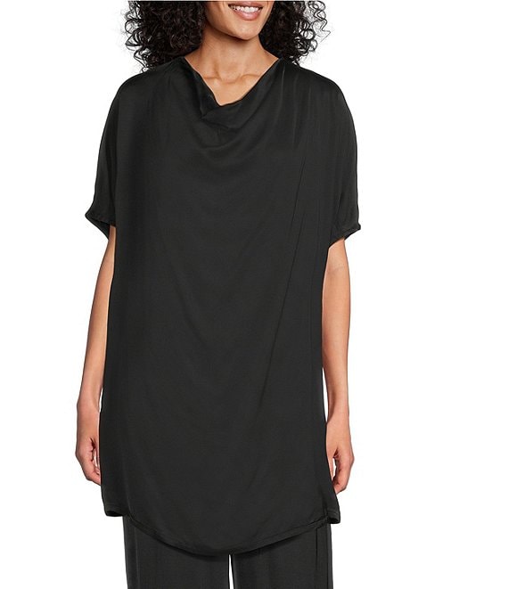 Bryn Walker Diana Satin Cowl Drape Neck Dolman Sleeve Tunic, Black - Image 1