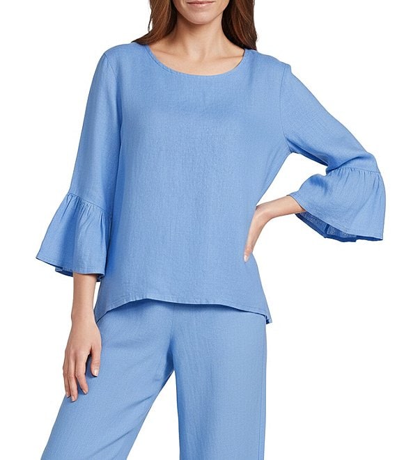 Bryn Walker Fran Light Linen Round Neck 3/4 Ruffle Sleeve Shirt