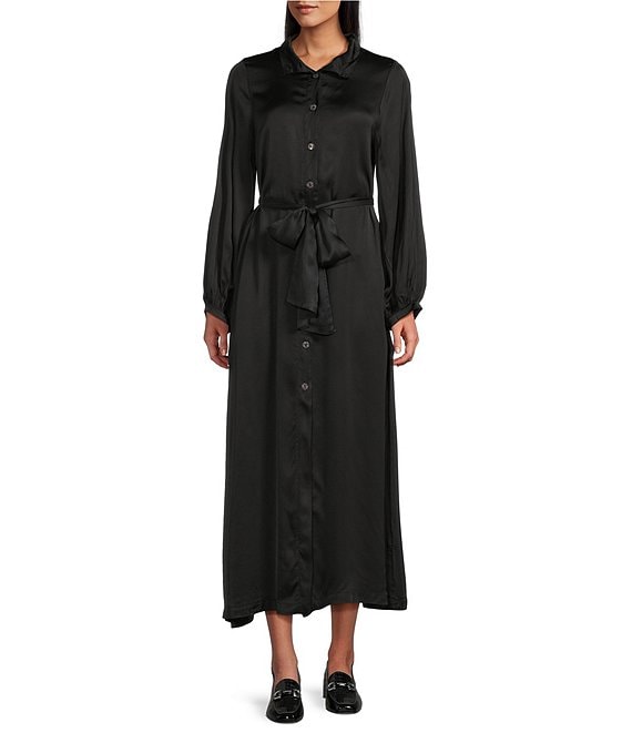 Bryn Walker Geraldine Satin Mandarin Collar Long Balloon Sleeve Belted Maxi Dress, Black - Image 1