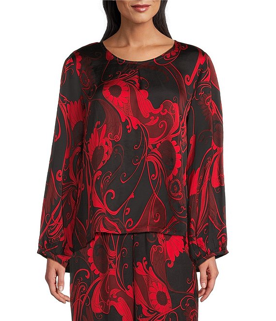 Bryn Walker Kucinda Giardino Coordinating Satin Round Neck Long Sleeve High-Low Shirt, Jester - Image 1