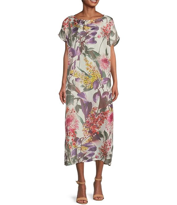 Bryn Walker Liz Silk Floral Print Short Sleeve Waistless Oversized Midi ...