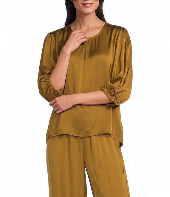 Bryn Walker Lucinda Satin Woven Solid Round Neck 3/4 Sleeve Hi-Low Hem Coordinating Shirt