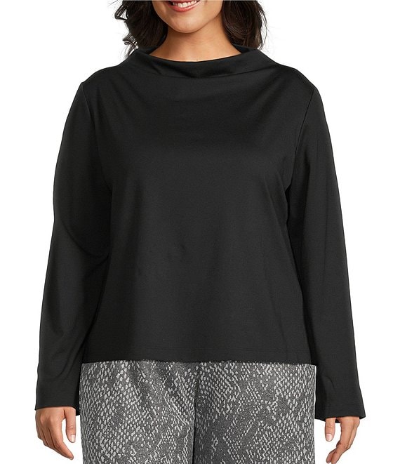 Bryn Walker Plus Belen Modal Ponti Drape Neck Long Sleeve Shirt, Black - Image 1