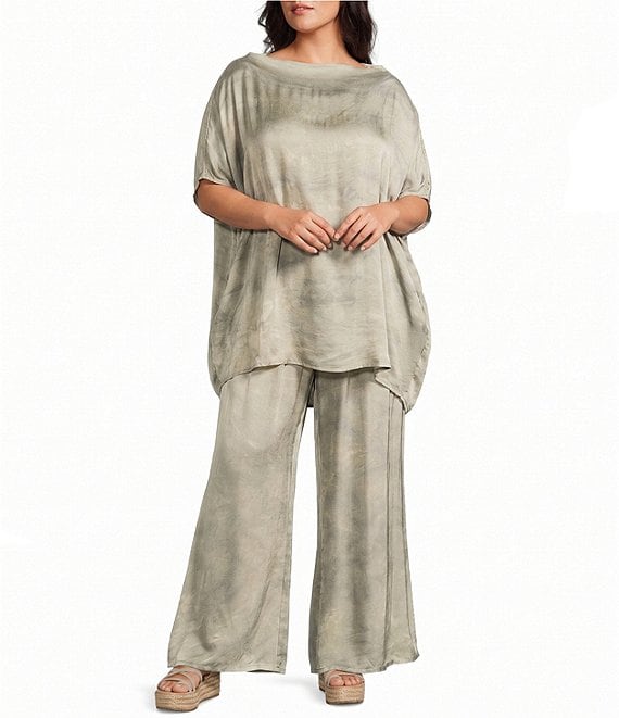 Bryn Walker Plus Size Debo Italian Viscose Satin Boat Neck Short Sleeve Drape Coordinating Tunic