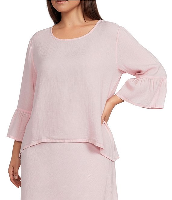 Bryn Walker Plus Size Fran Coordinating Light Linen Round Neck 3/4 Ruffle Sleeve Shirt