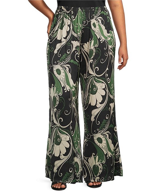 Bryn Walker Plus Osca Giardina Printed Viscose Satin Elastic Waist Full Wide Leg Coordinating Pants, Rose - Image 1