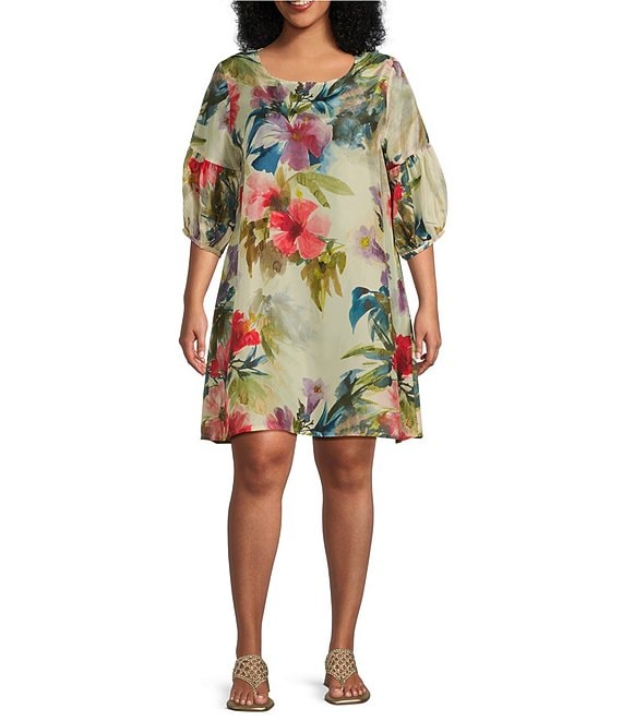 Bryn Walker Plus Silk Fiori Floral Print Round Neck 3/4