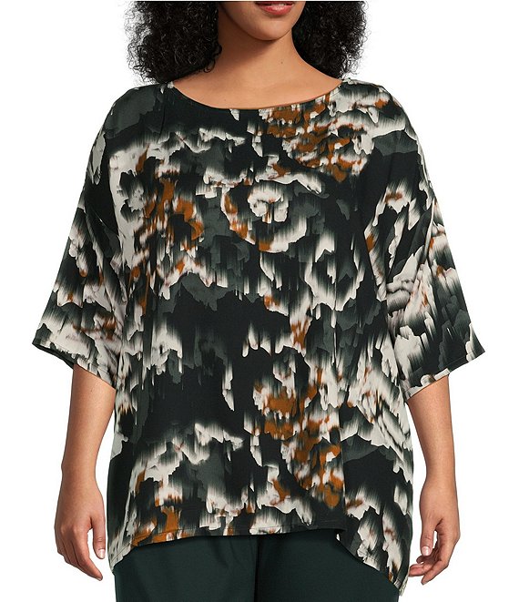 Bryn Walker Plus Size Bex Crepe Woven Abstract Print Boat Neck Coordinating 3/4 Sleeve Tunic