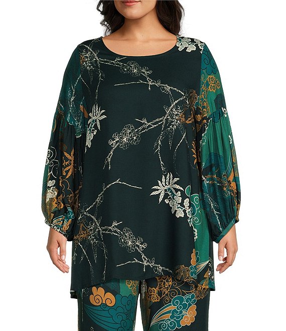 Bryn Walker Plus Size Crepe Woven Floral Crepe Woven Scoop Neck Long ...