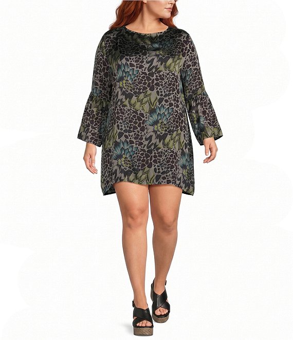 Bryn Walker Plus Size Feather Print Round Neck Long Ruffle Bell Sleeve Tunic