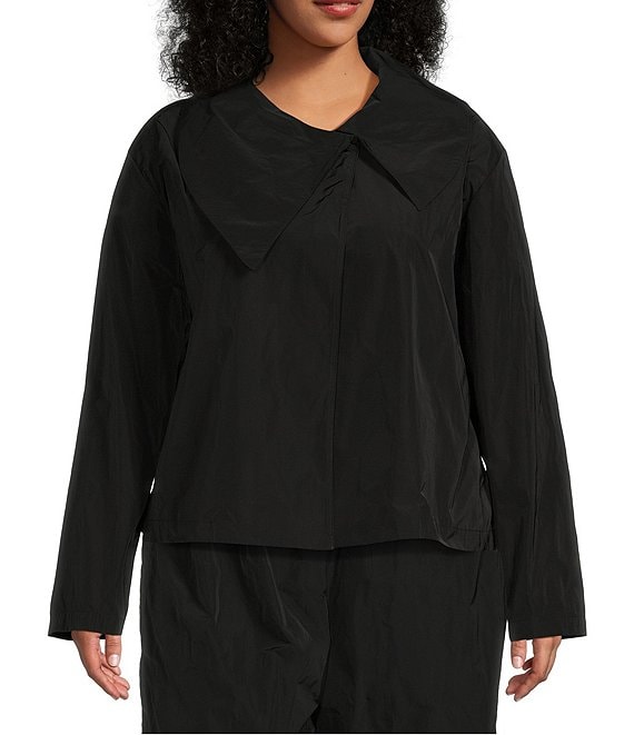 Color:Black - Image 1 - Plus Size Grace Memory Crunch Woven Pointed Asymmetrical Neck Long Sleeve Jacket