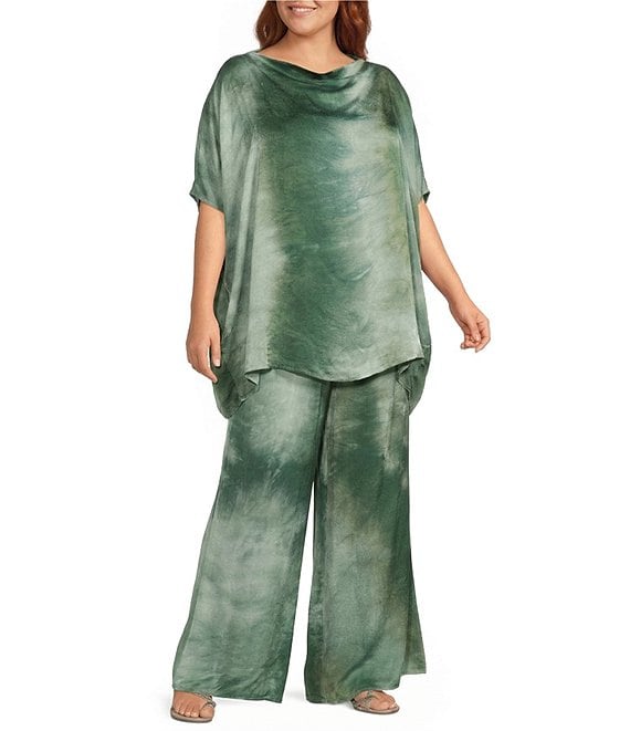 Bryn Walker Plus Size Osca Verde Printed Satin Elastic Waist Wide Leg Coordinating Pants